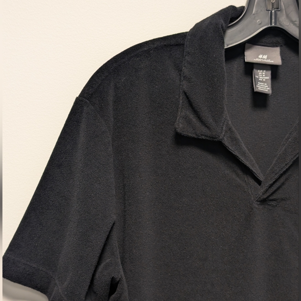 H&M Regular Fit Terry Polo Shirt Black Men's M - Picture 5 of 11